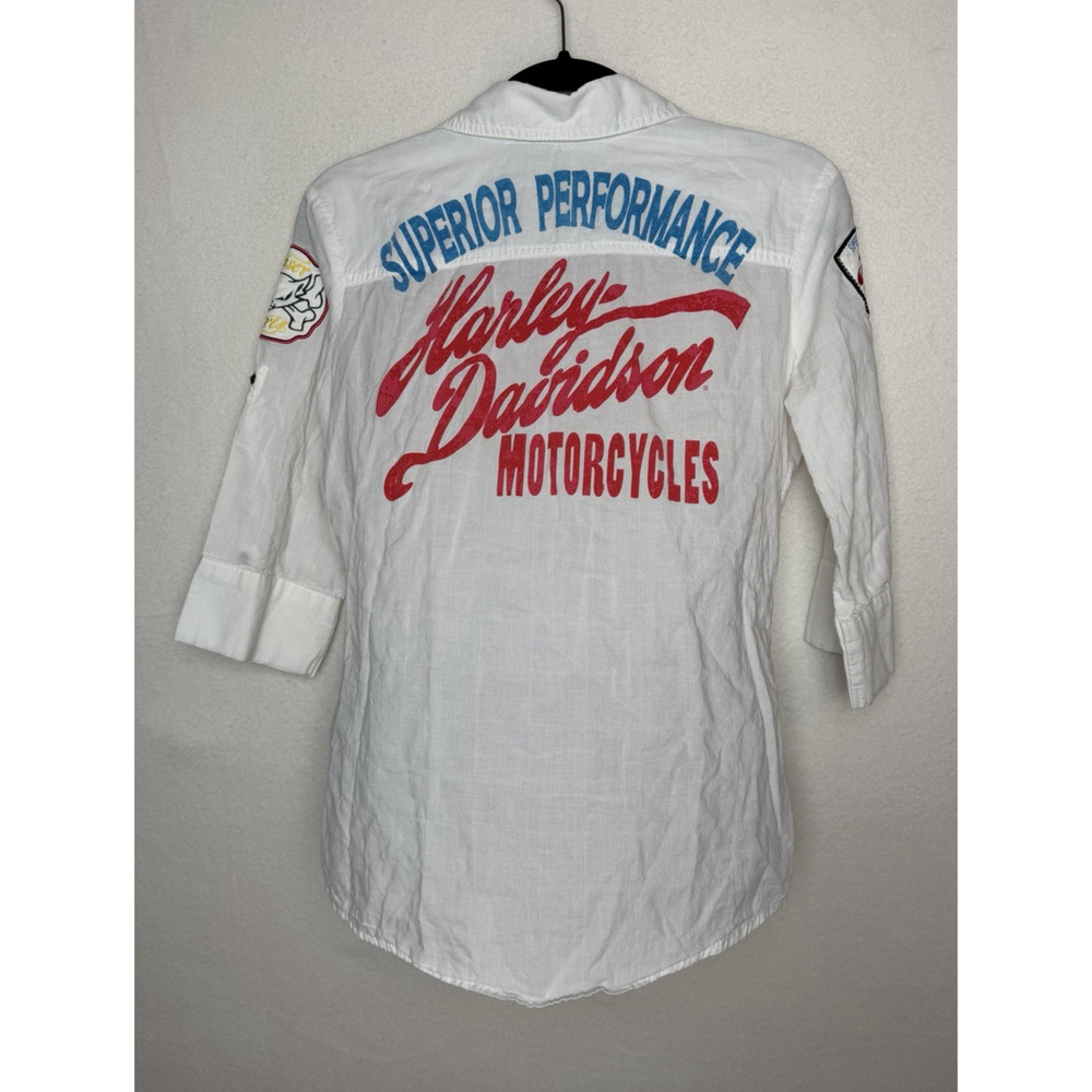 Harley Davidson Womens XS Pearl Snap Long Sleeve Shirt Patches Embroidered White - Picture 10 of 11